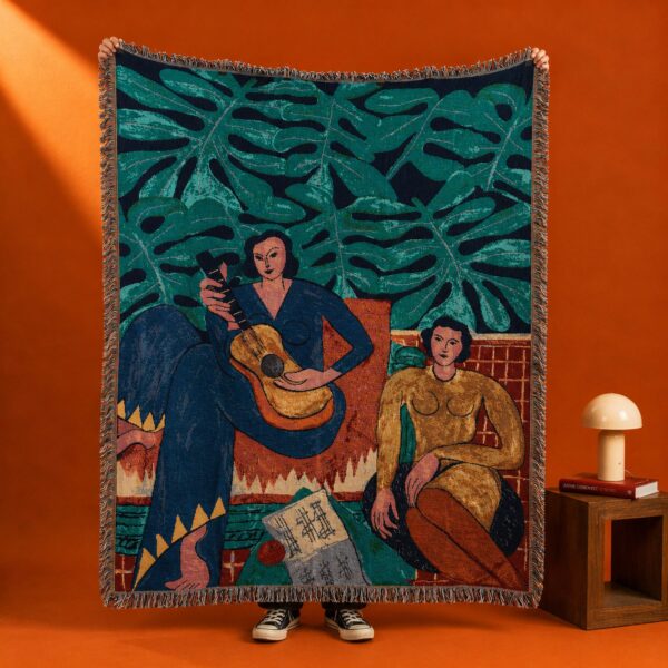 Modern Botanical Woven Wall Tapestry – Two Figures & Guitar – 160 × 130 cm