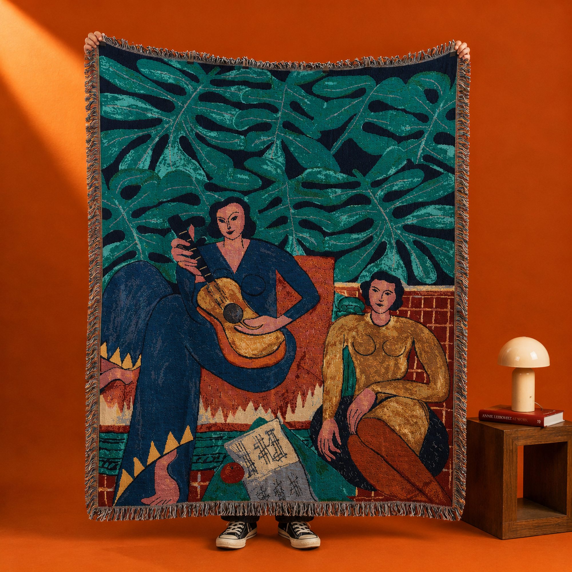 Modern Botanical Woven Wall Tapestry – Two Figures & Guitar – 160 × 130 cm - Image 3