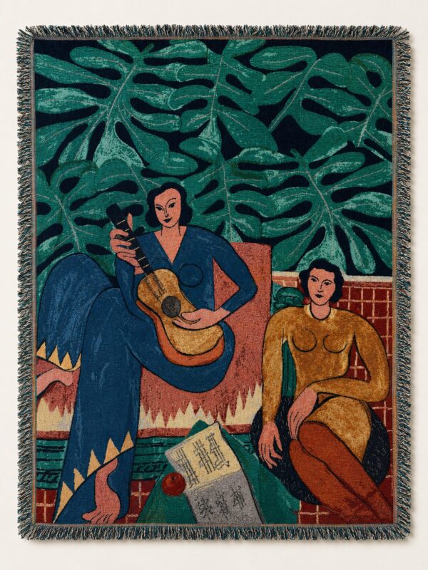 Modern Botanical Woven Wall Tapestry – Two Figures & Guitar – 160 × 130 cm