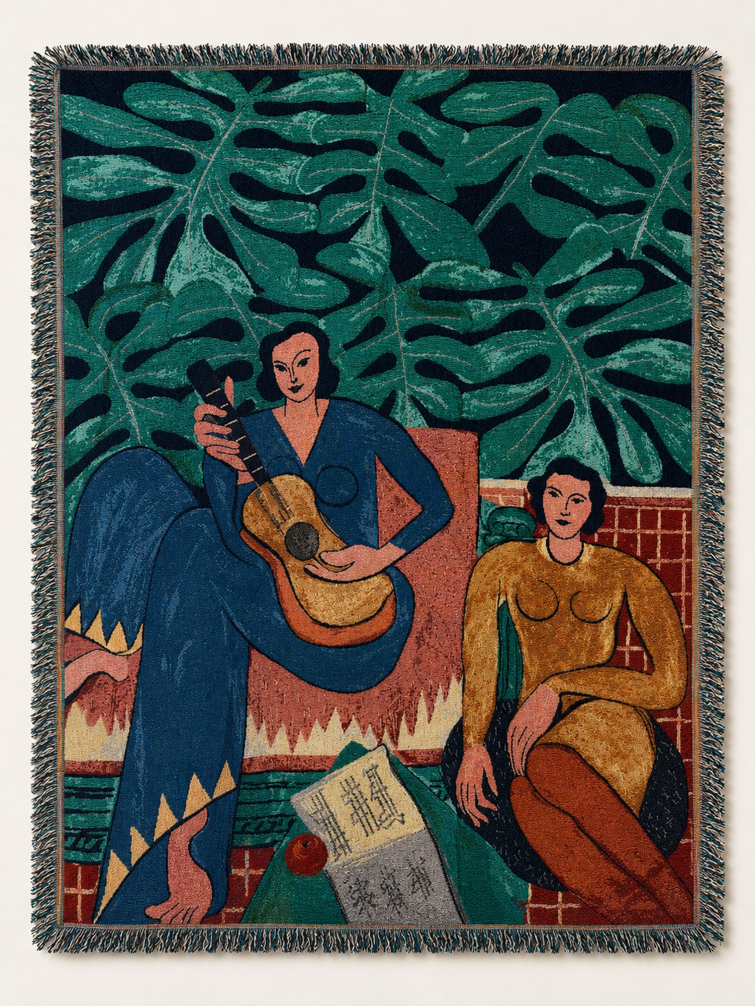 Modern Botanical Woven Wall Tapestry – Two Figures & Guitar – 160 × 130 cm - Image 1