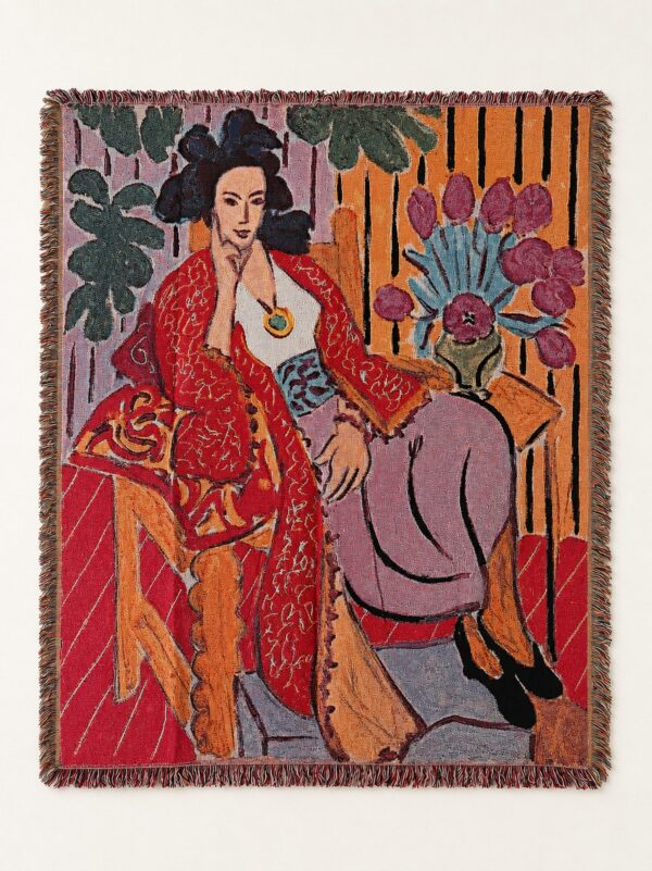 Woman on Chair Woven Throw Blanket
