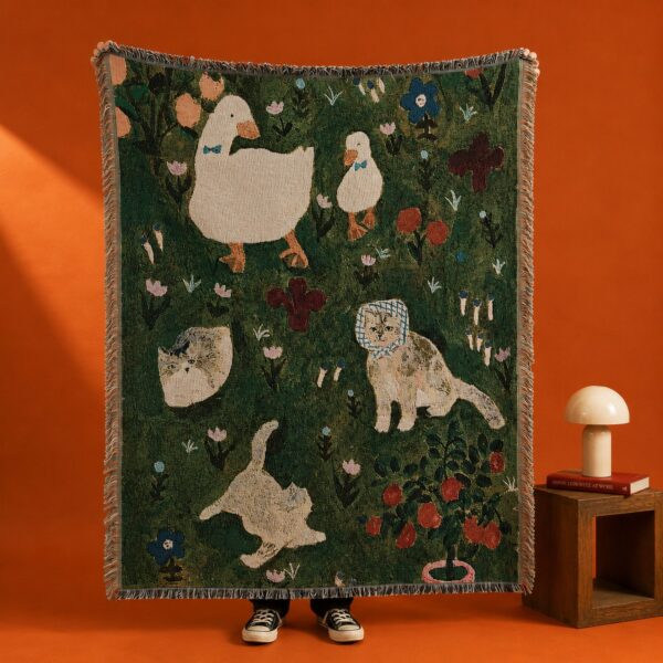 Woven Goose & Cats Throw Blanket