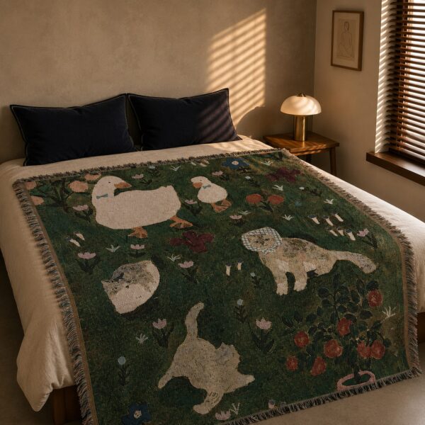 Woven Goose & Cats Throw Blanket