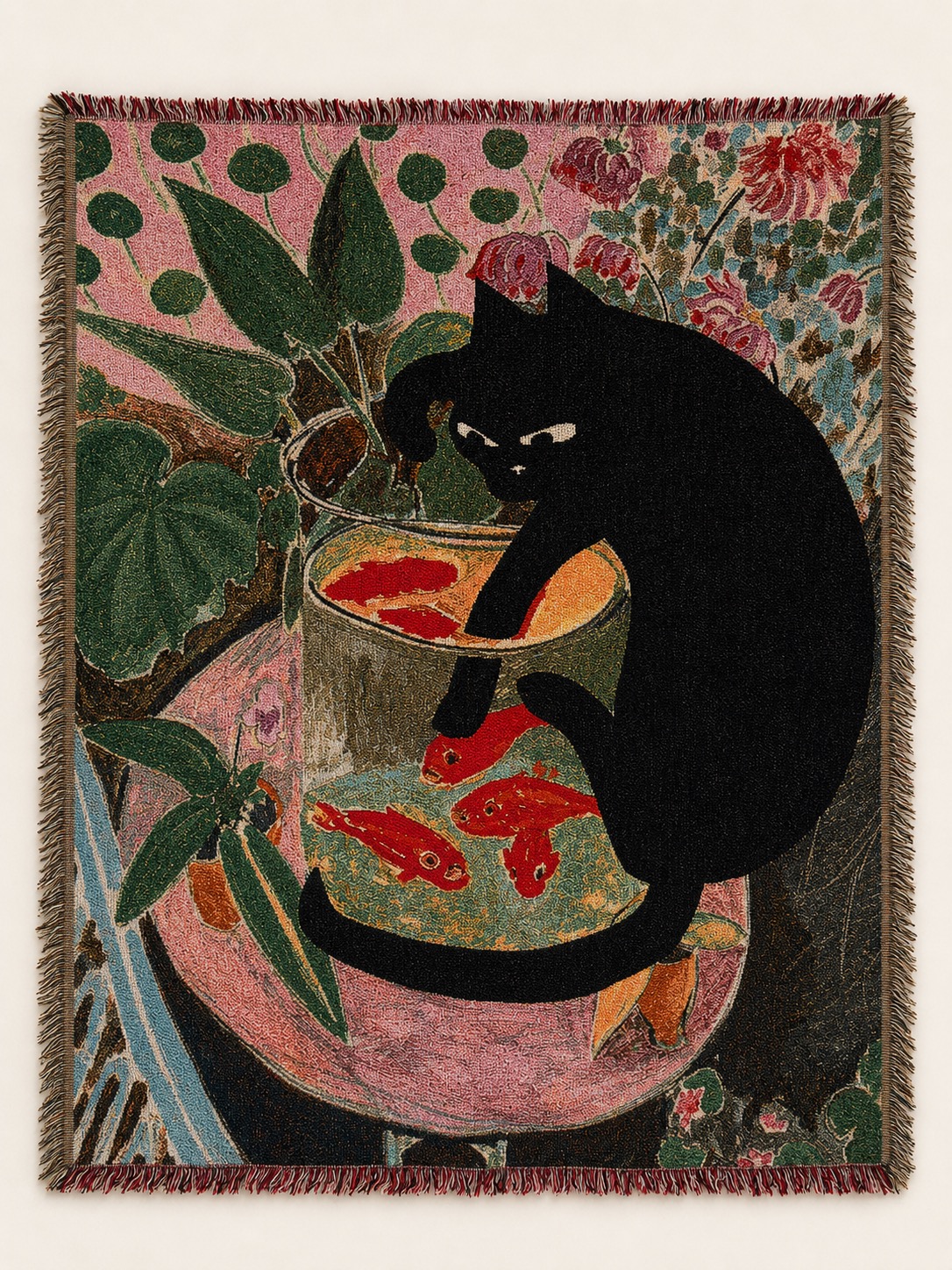 Black Cat & Goldfish Woven Wall Tapestry - Image 1