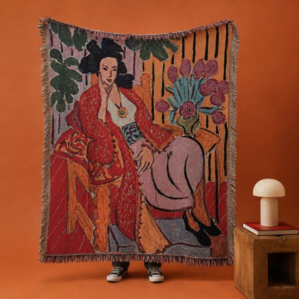 Woman on Chair Woven Throw Blanket